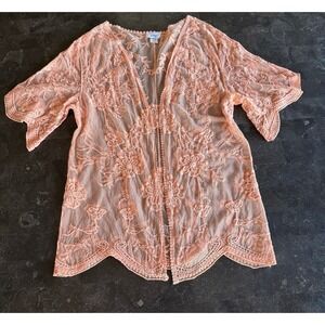 Jody California L/XL Peach Floral Embroidered Mesh Kimono Open Front Cover Up